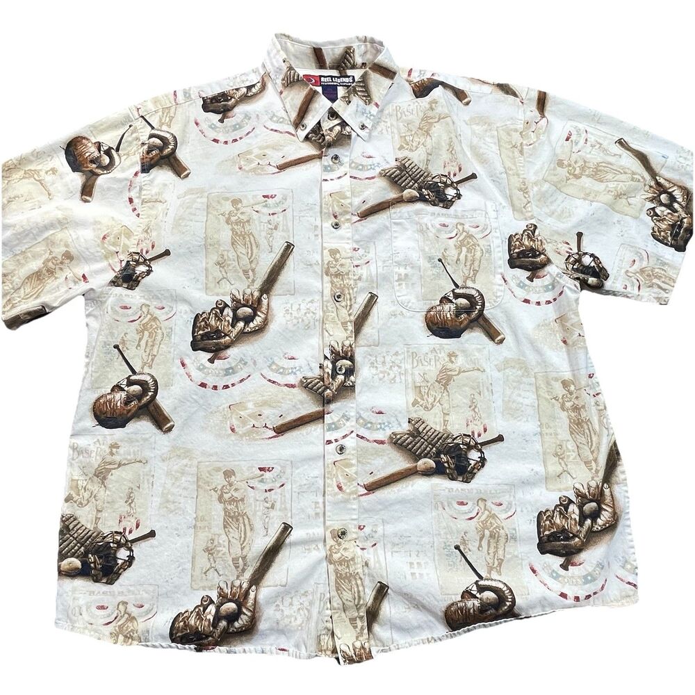 Reel Legends Shirt Mens 2XL Vintage Baseball Print Button Down All Over XXL